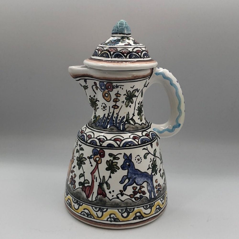 Hand Painted Covered Jug| Folk Art Woodland Scene of Floral and Animals Pitcher